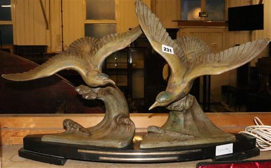 French Art Deco model of sea birds on black marble base